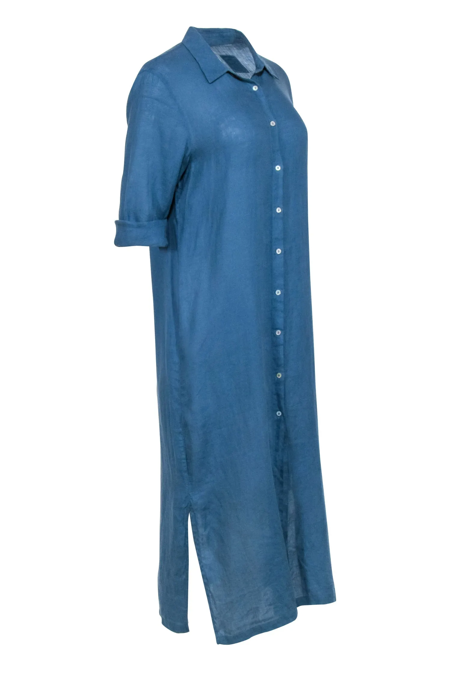 120% Lino - Blue Button Front Crop Sleeve Shirt Dress Sz 6