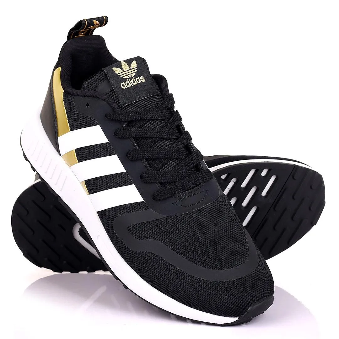 AD Comfy Black And Gold With White Stripe Design And White Sole Designed Sneakers