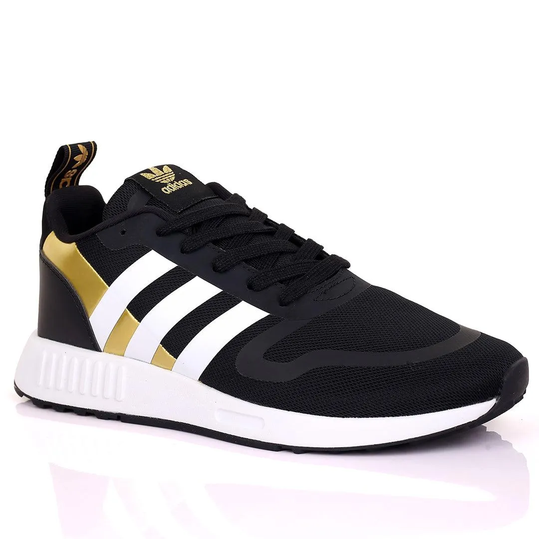 AD Comfy Black And Gold With White Stripe Design And White Sole Designed Sneakers