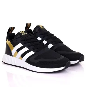 AD Comfy Black And Gold With White Stripe Design And White Sole Designed Sneakers