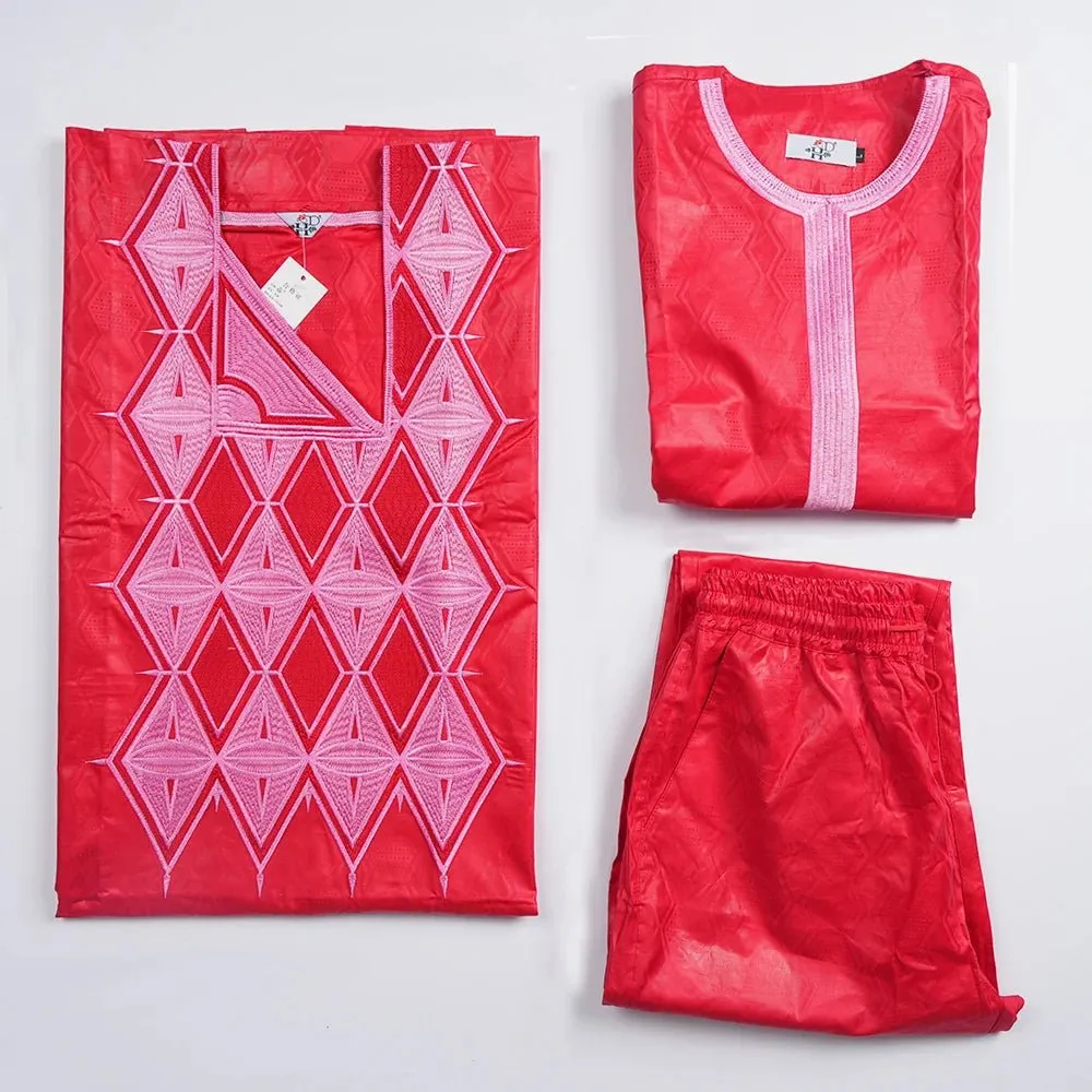 African Dashiki Suit – Traditional Embroidered Red Top and Pants Sets