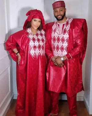 African Dashiki Suit – Traditional Embroidered Red Top and Pants Sets