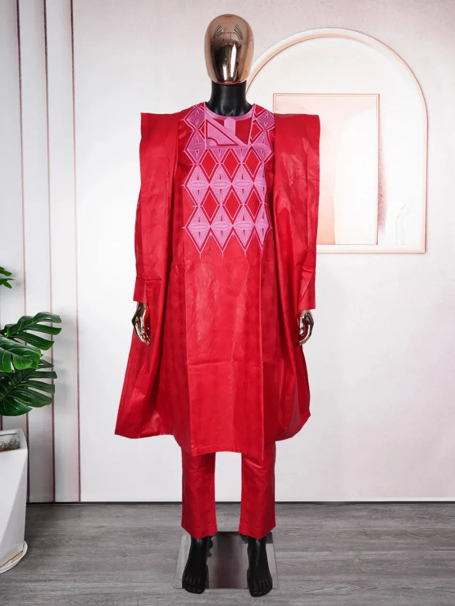 African Dashiki Suit – Traditional Embroidered Red Top and Pants Sets