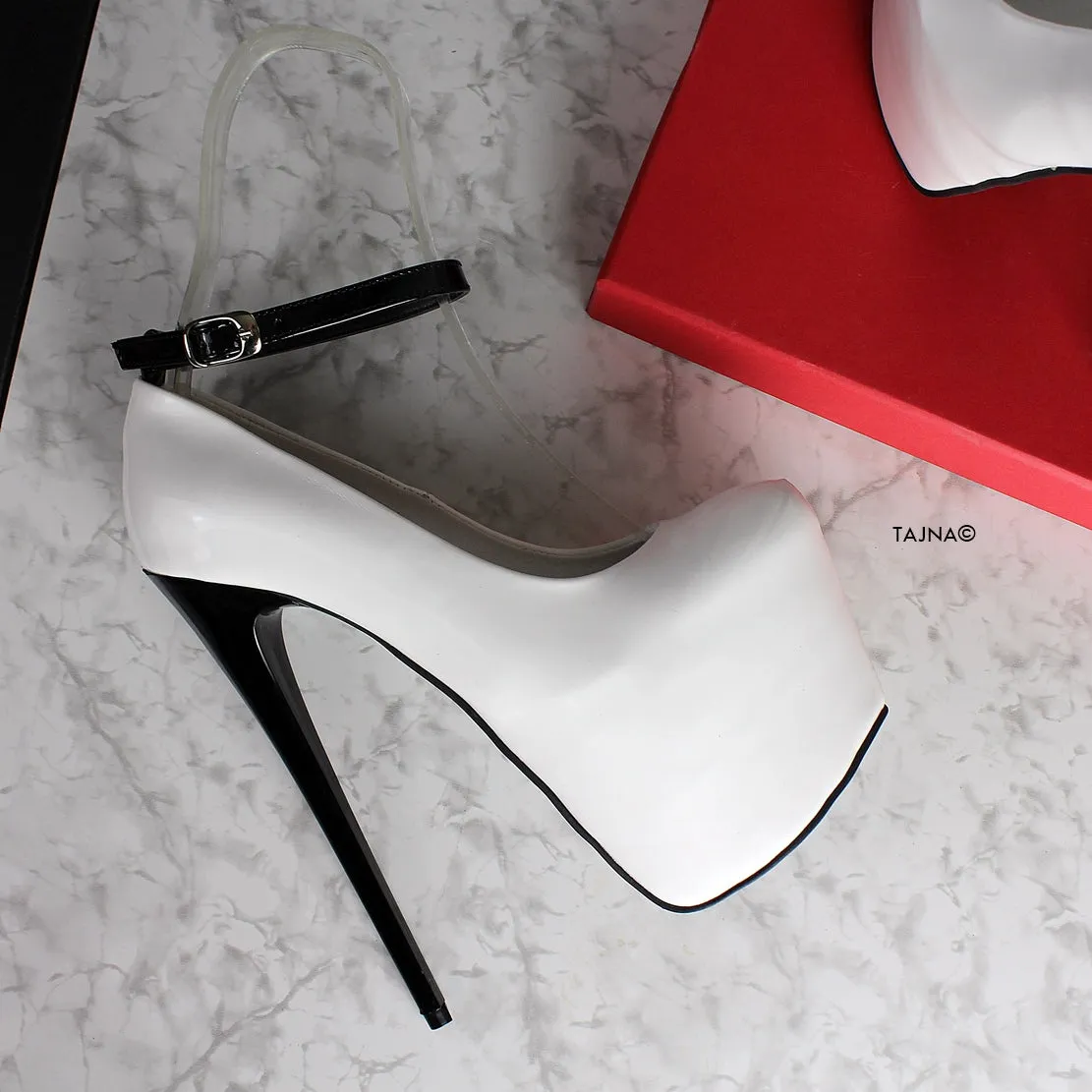 Ankle Strap White Black Gloss High Heels