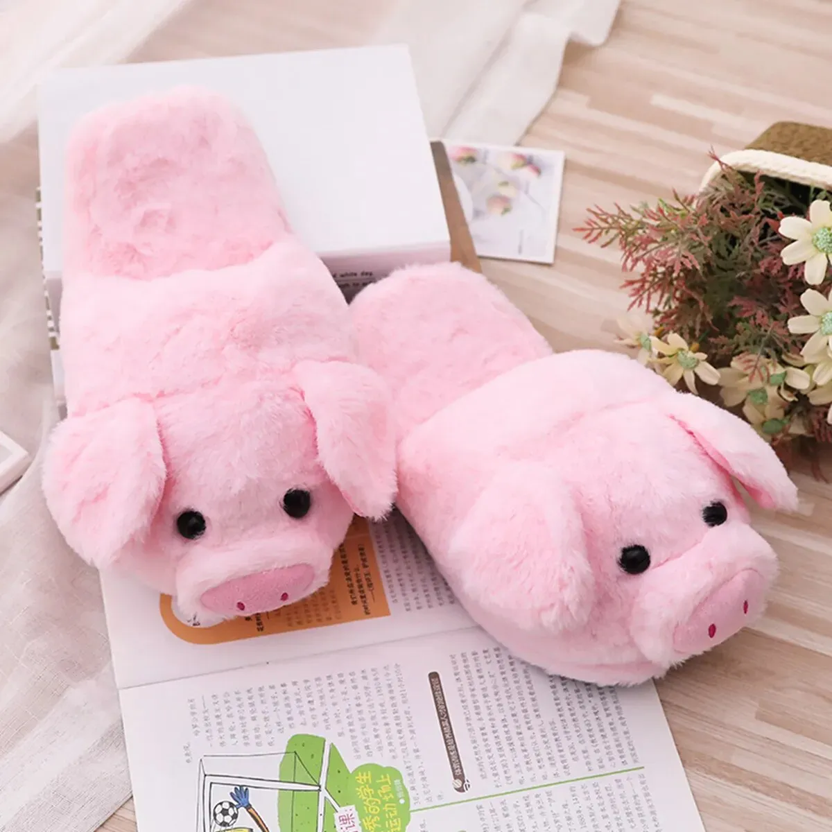 Autumn Winter Pink Pig Plush Women Slippers - Cute & Non-Slip