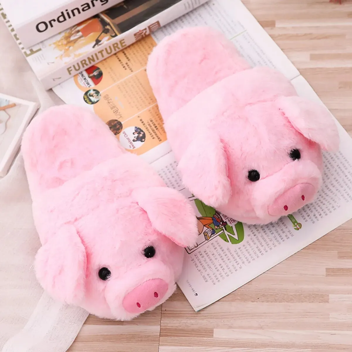 Autumn Winter Pink Pig Plush Women Slippers - Cute & Non-Slip