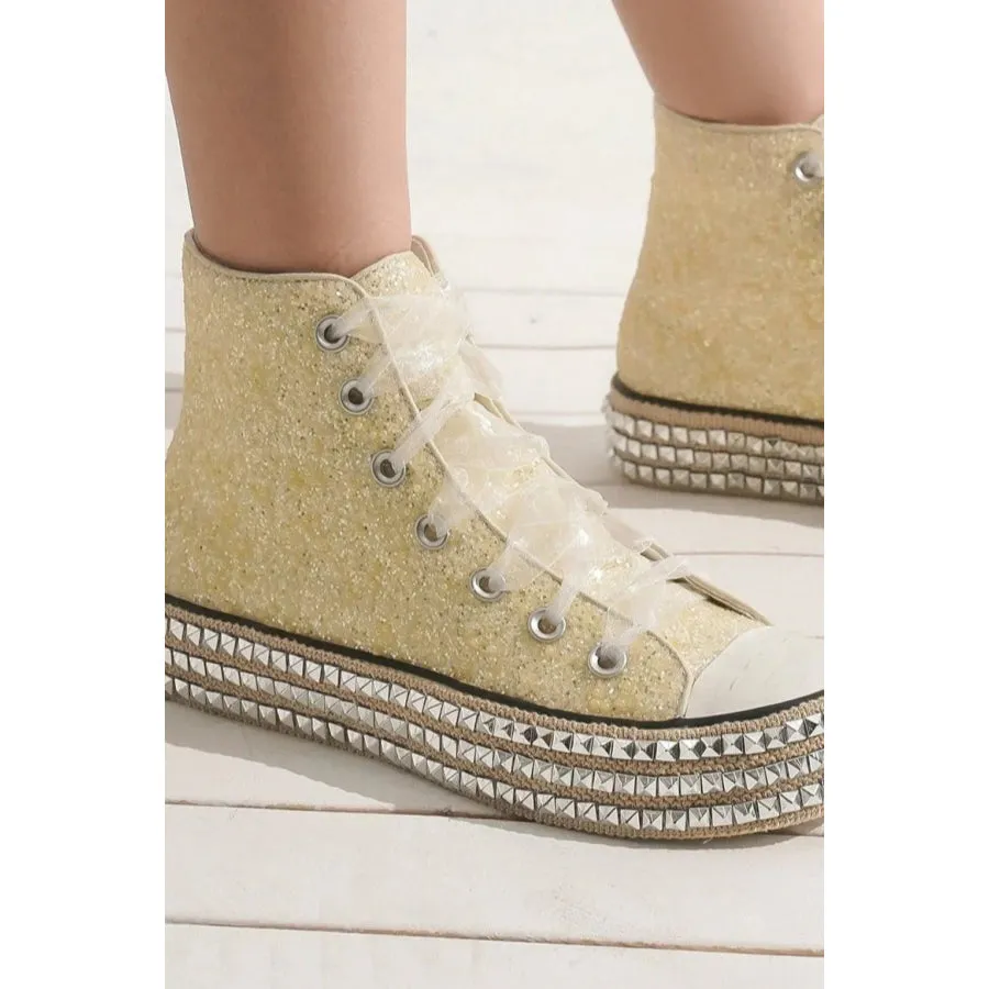 Beast Fashion Glitter Lace-Up Studded Platform Sneakers