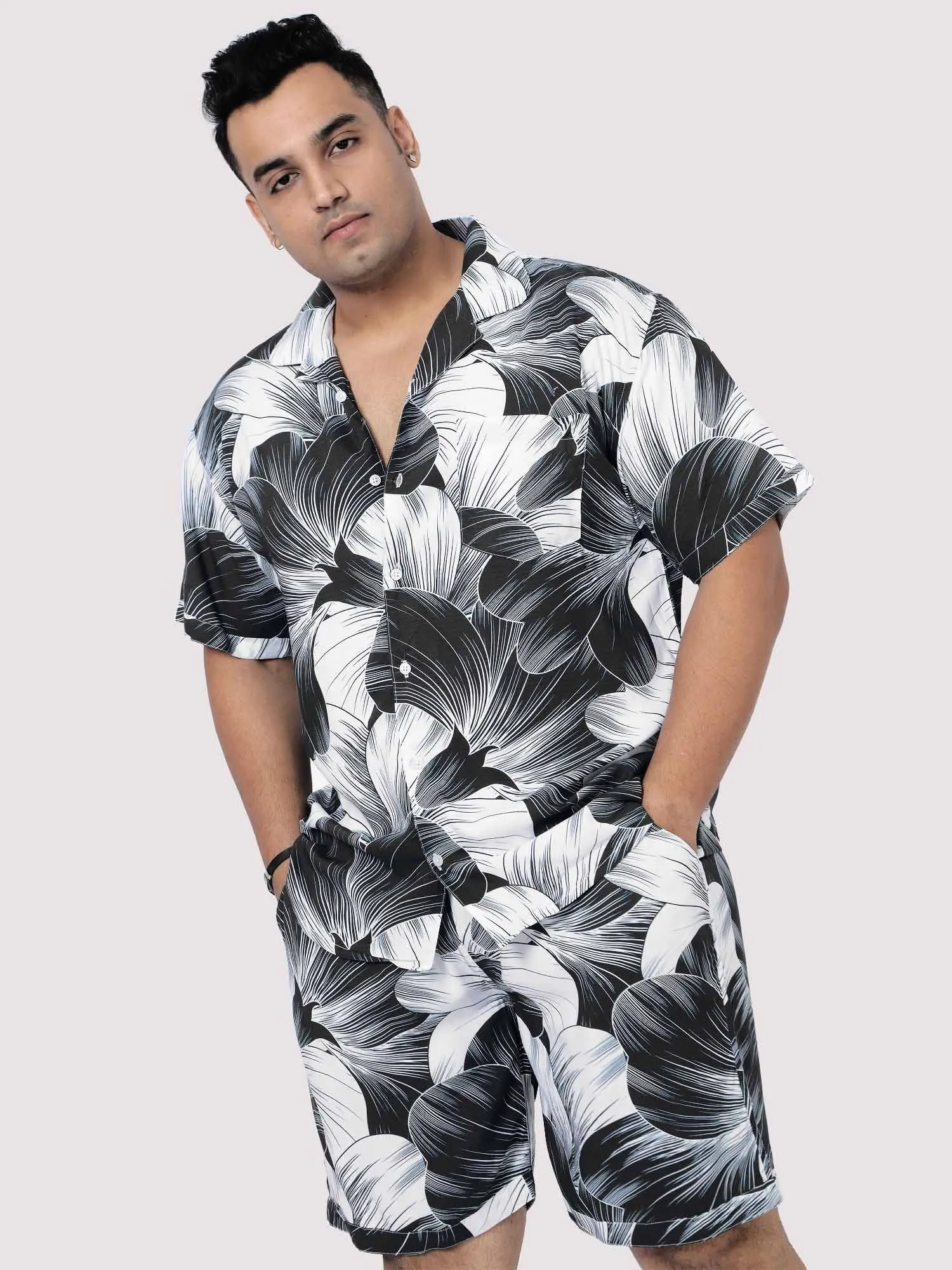 Black Big Flower Digital Printed Half Co-Ords Men's Plus Size