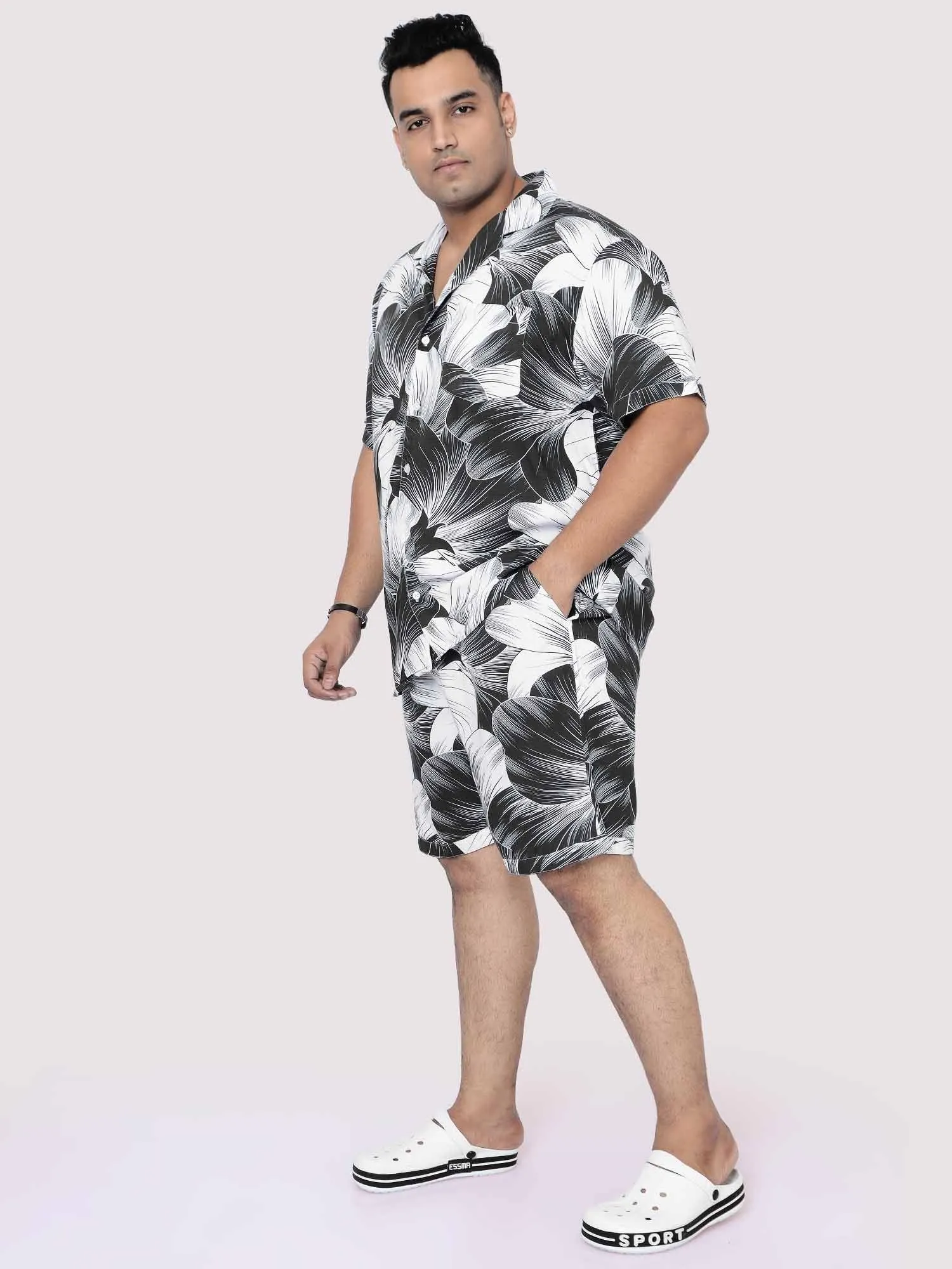 Black Big Flower Digital Printed Half Co-Ords Men's Plus Size