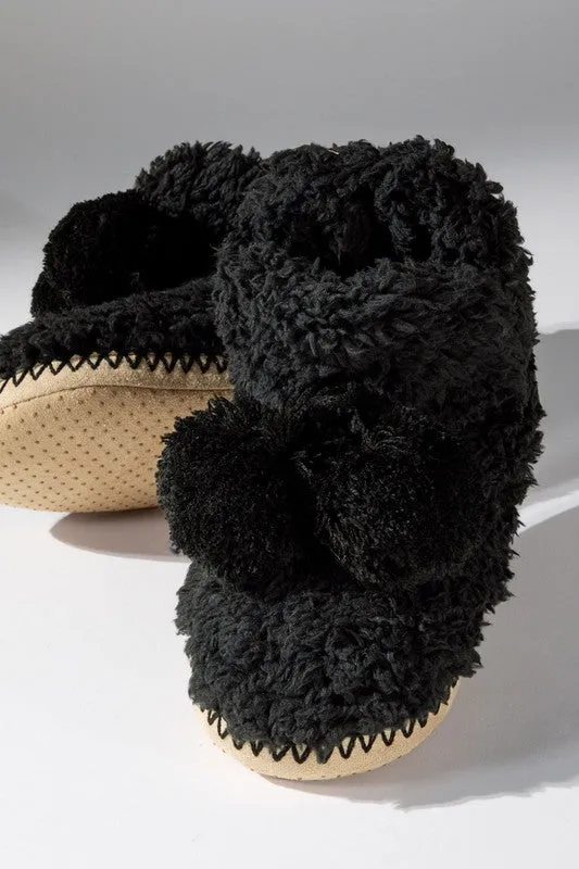 Black Cozy Booties Slipper With Ball Accent