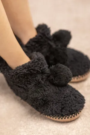 Black Cozy Booties Slipper With Ball Accent