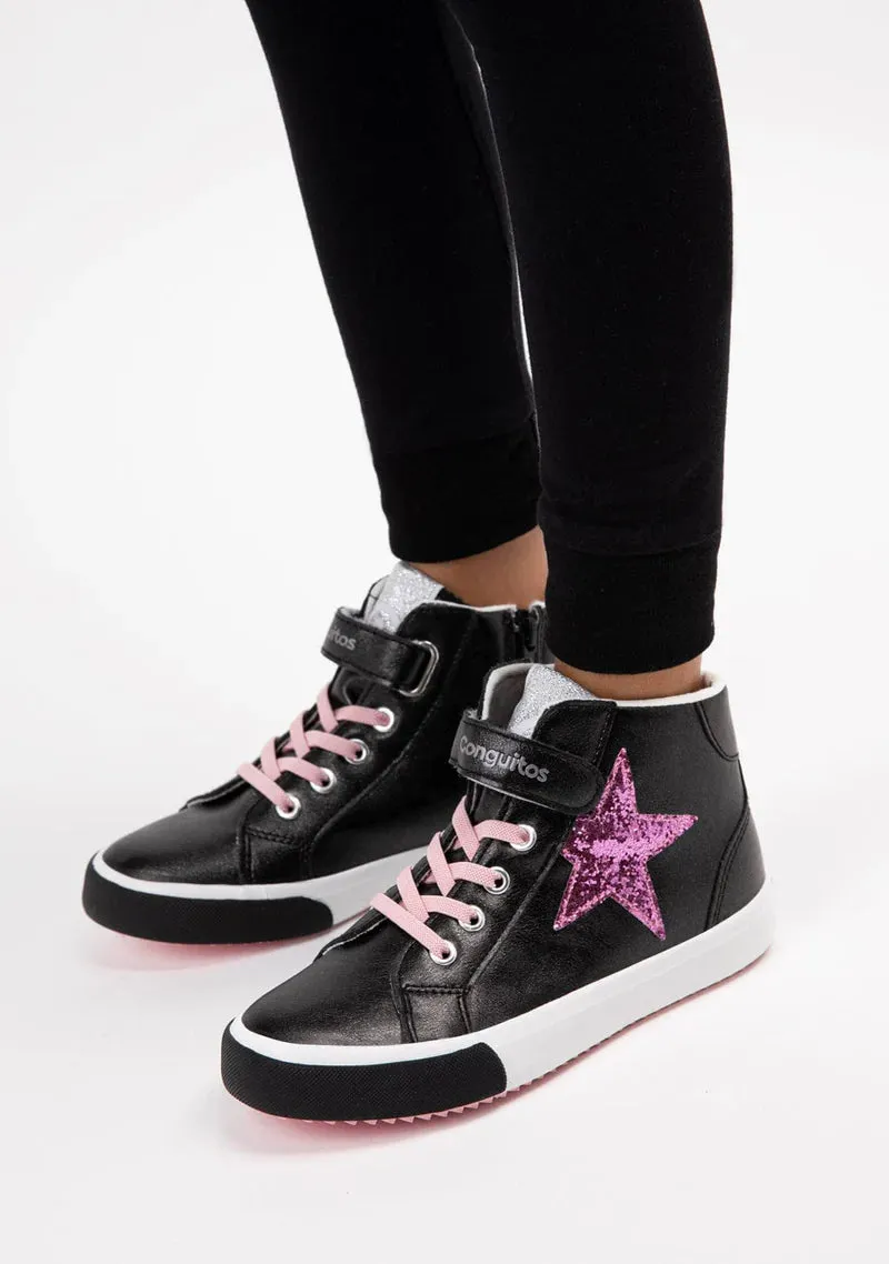 Black glitter star high top sneaker