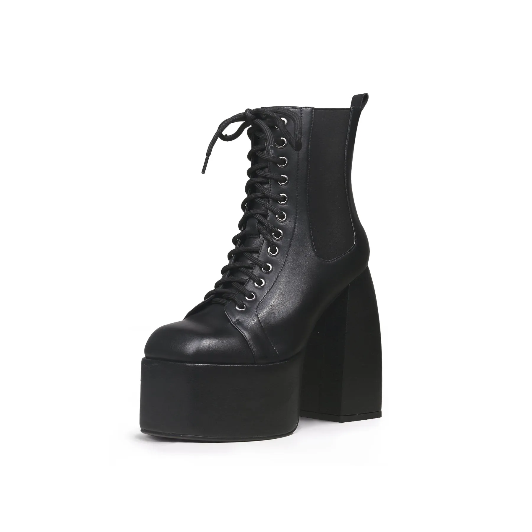 Black Lace-Up Thick Heel Platform Boots