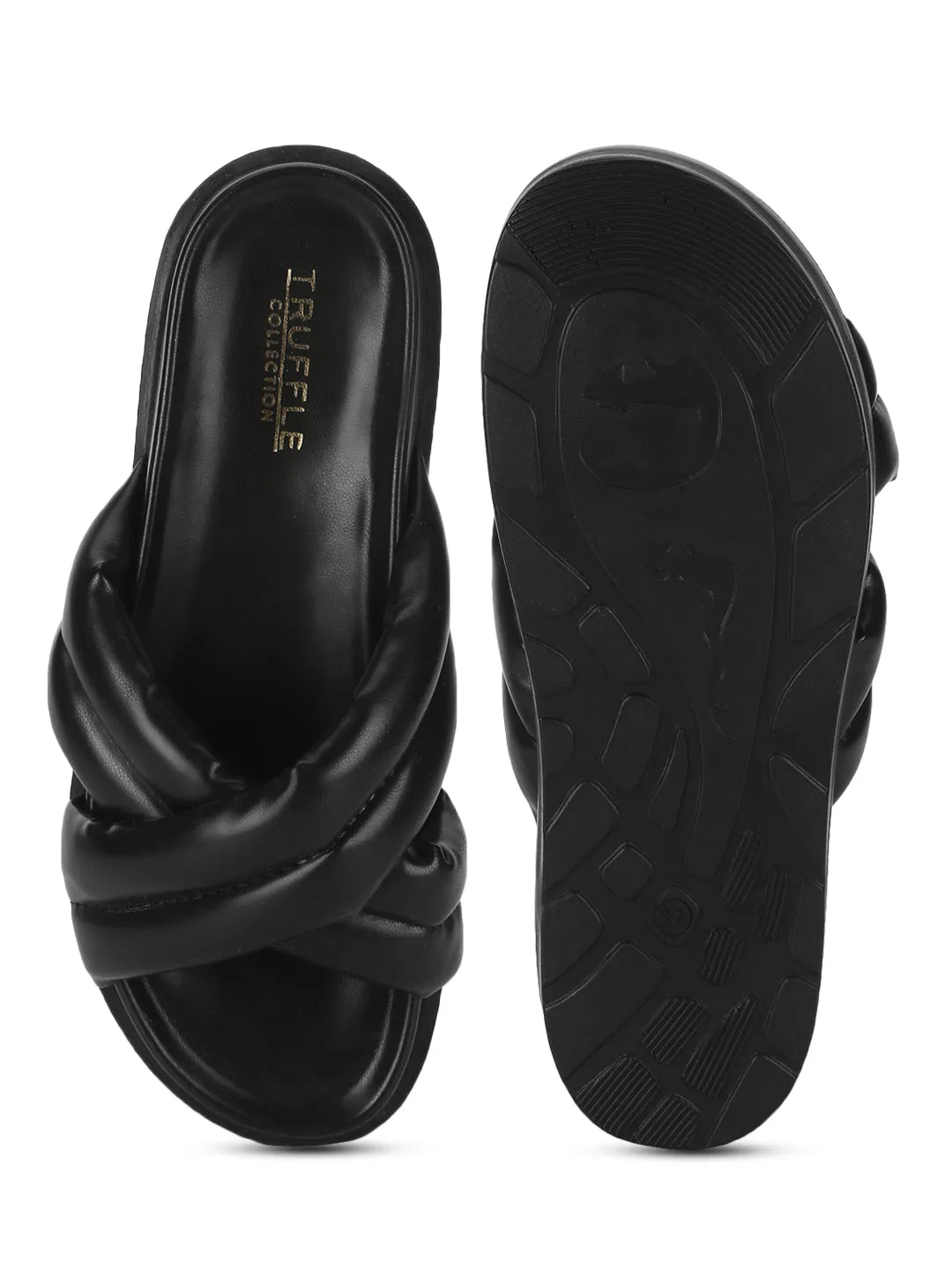 Black PU Crisscross Quilted Slides