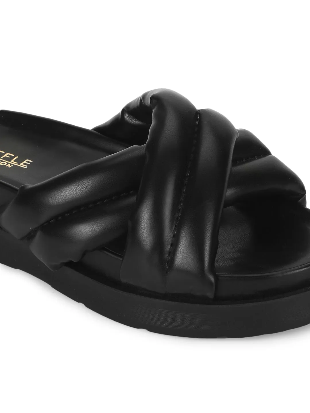 Black PU Crisscross Quilted Slides