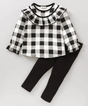 Checkered Neck Frill Top Leggings Set