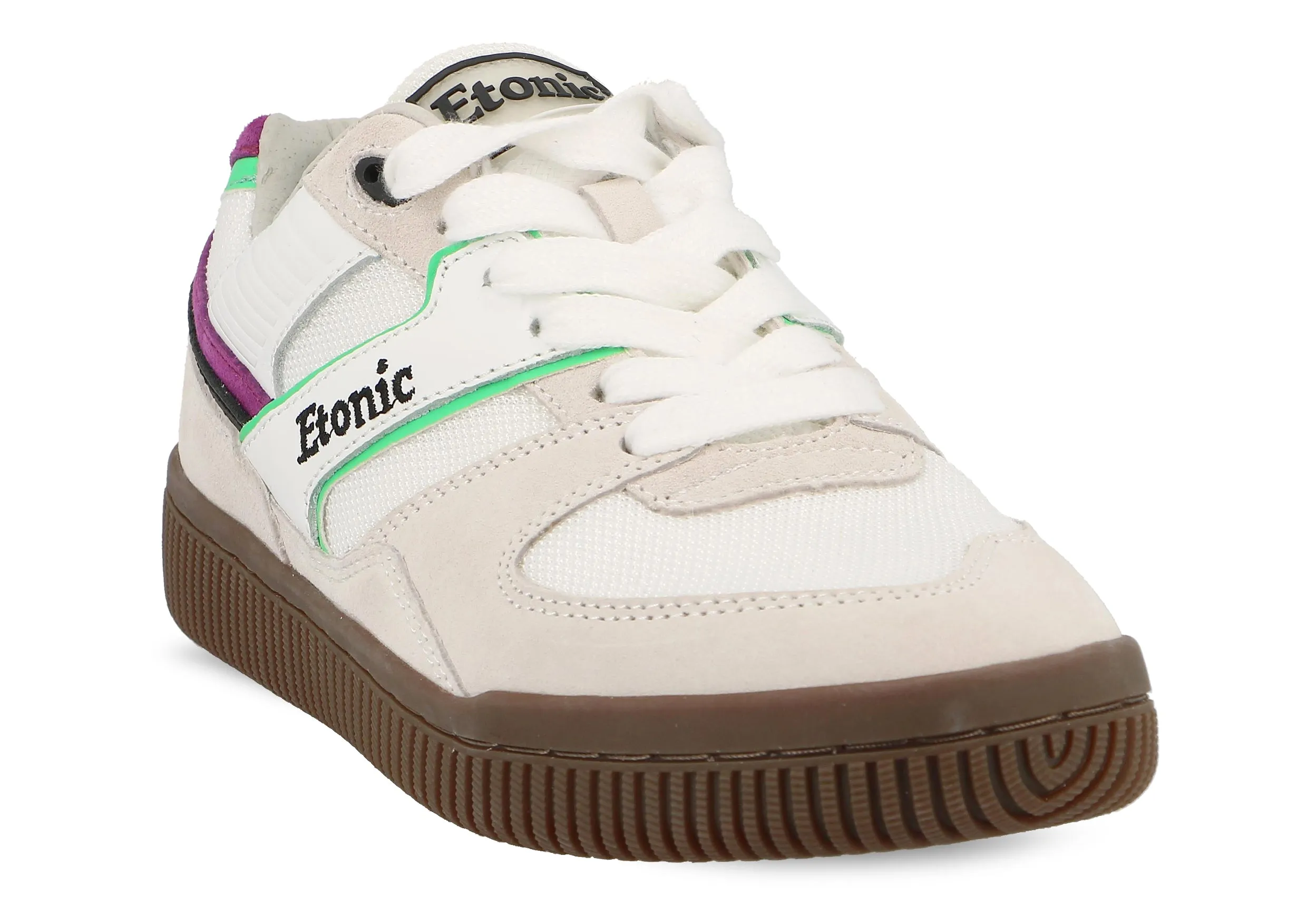 Etonic DROPSHOT sneakers in white suede leather, white mesh, lime green and purple details with light honey outsole.