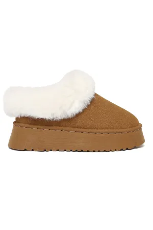 Faux Fur Platform Slippers-Camel