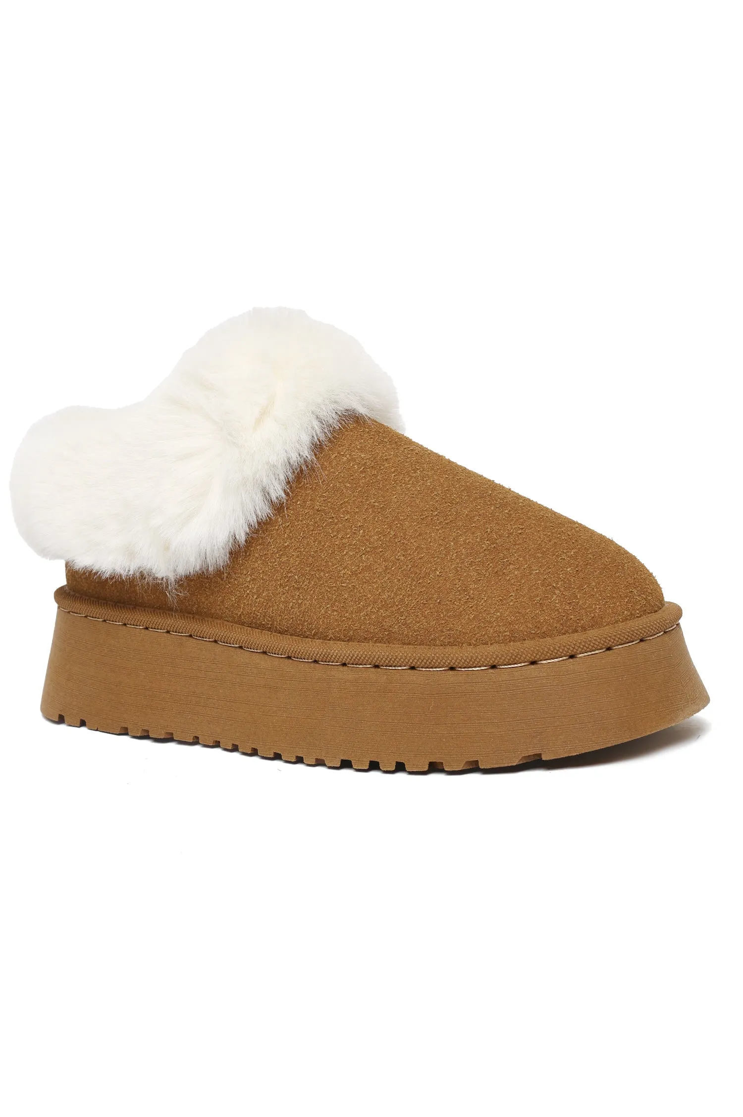 Faux Fur Platform Slippers-Camel