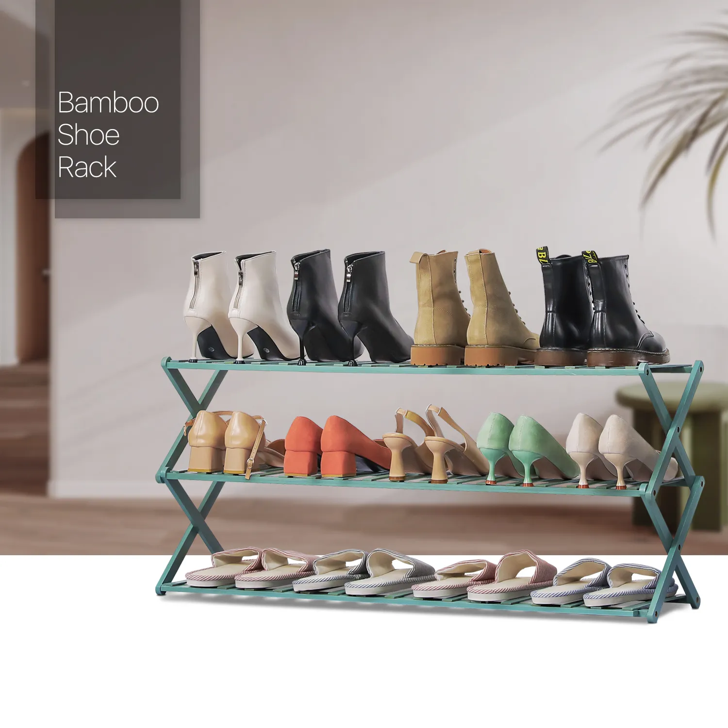 Foldable Multifunctional Shoe Rack Organizer - 3 Tier - Green