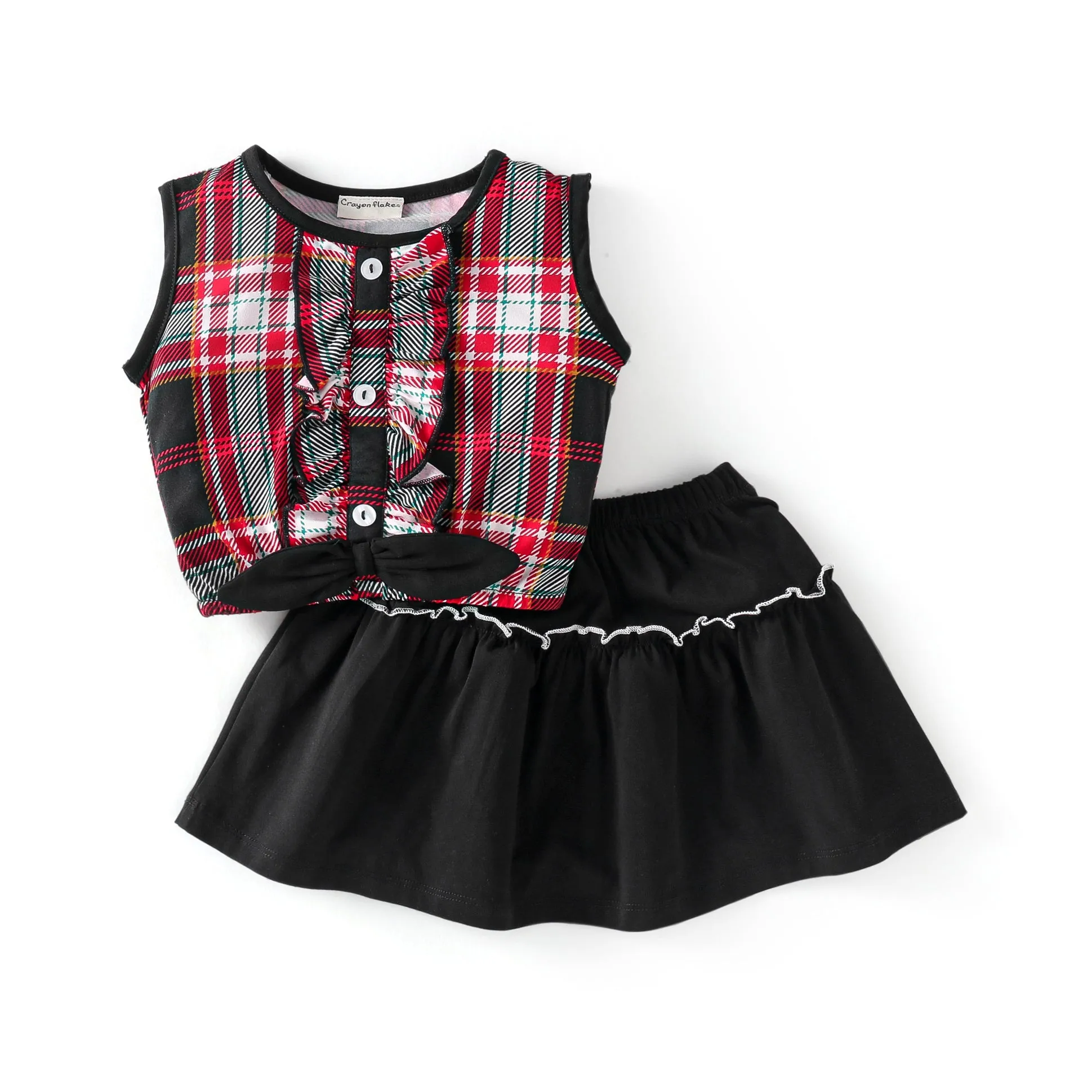 Frilled Checkered Top and Bow Skirt Set