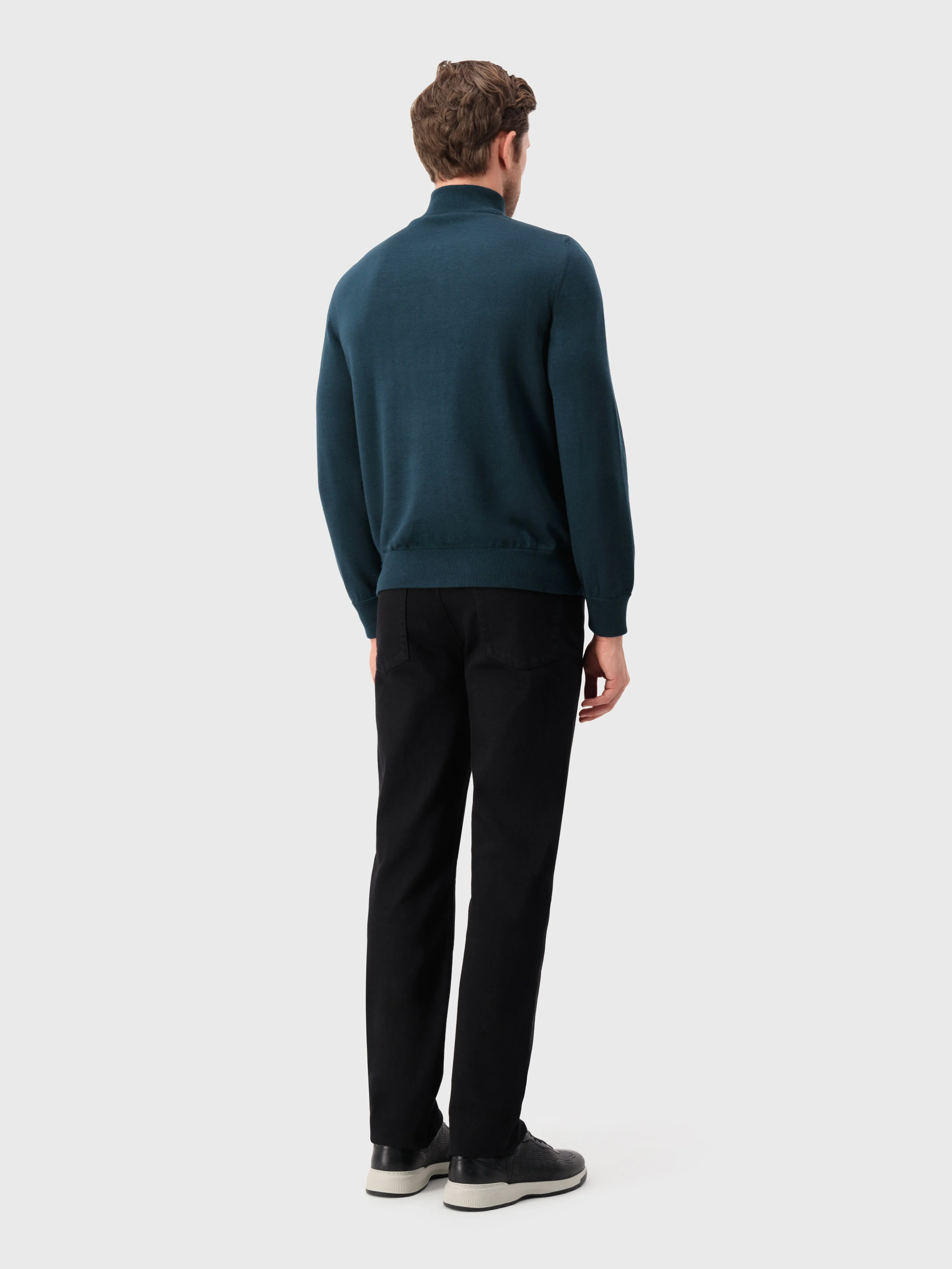 Full-Zip Sweater in Cashmere and Silk Crocodile Panel Dark Green