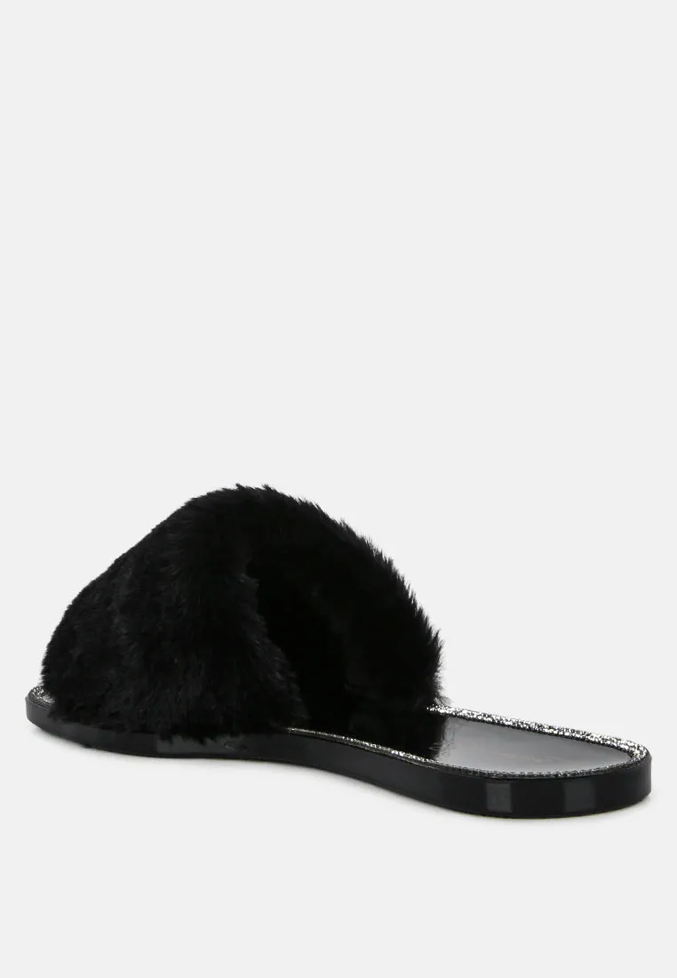 Geese Faux Fur Diamante Detail Jelly Flats