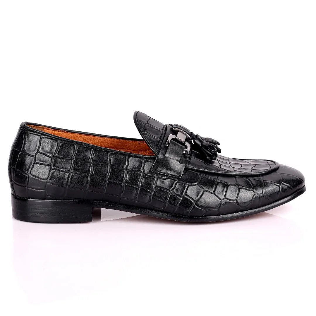 Gian Classic Tassel And Croc Designed Leather Shoe - Black