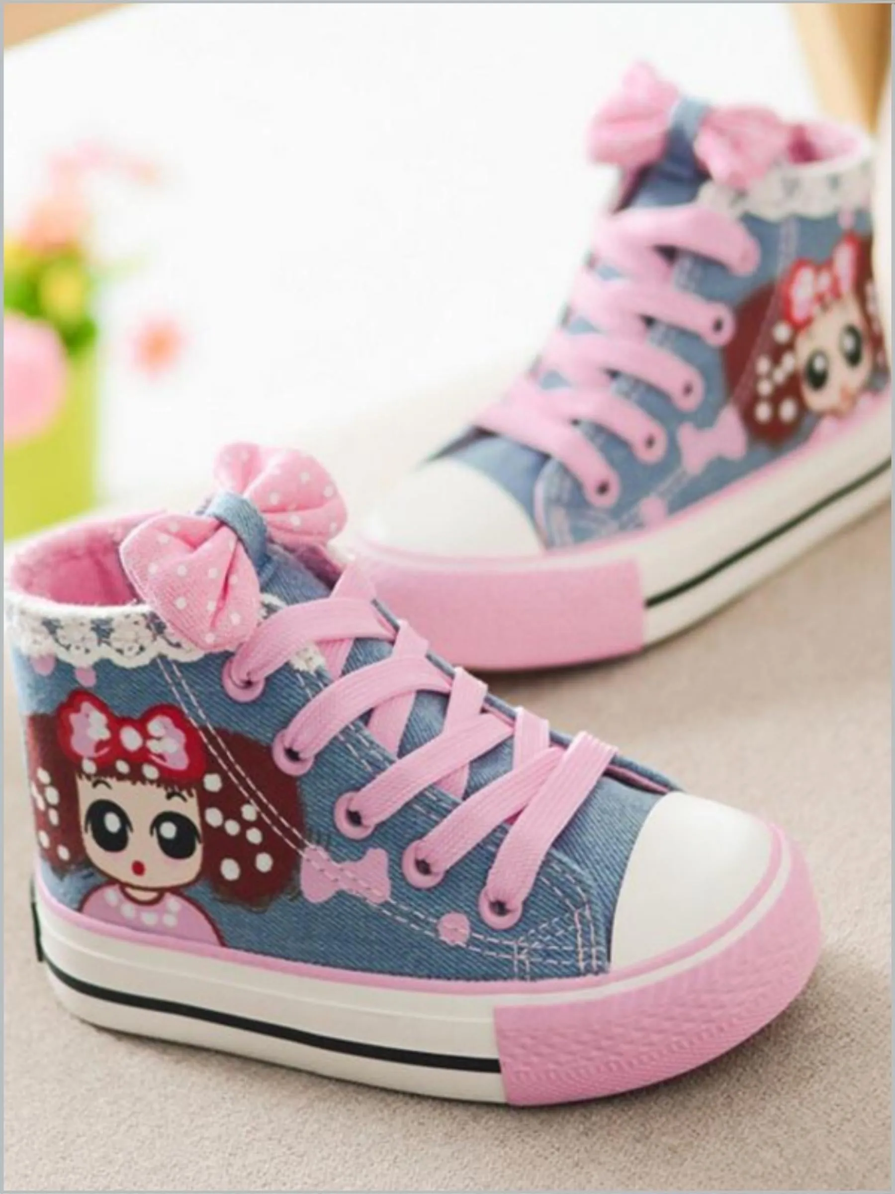 Girls Pink Denim Doll Face Sneakers By Liv and Mia