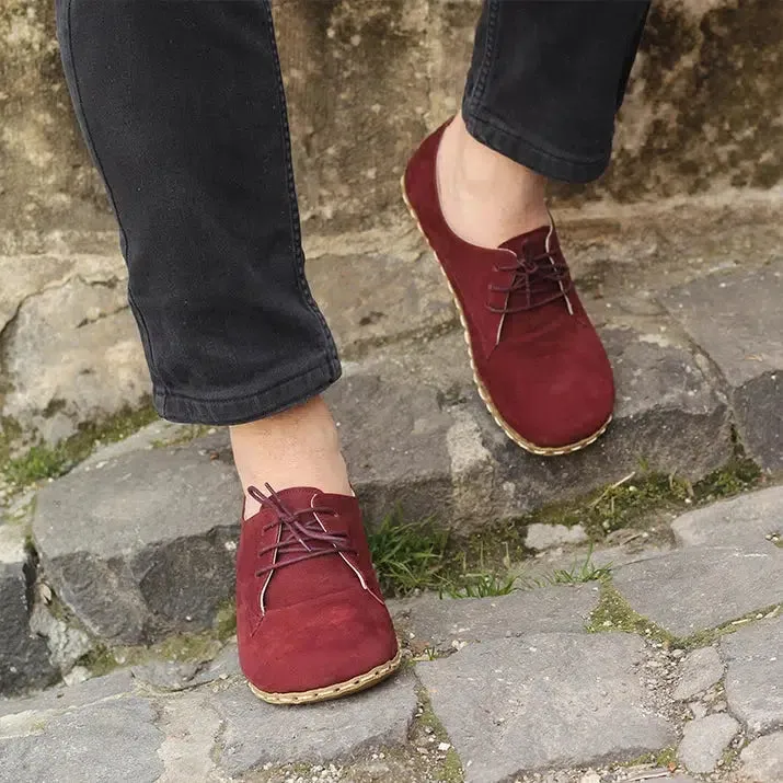 Handmade Barefoot Leather Shoes Nubuck Burgundy for Men