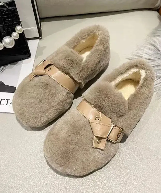 Khaki Fuzzy Fur Flat Shoes Soft Comfy Splicing Buckle Strap LY8324