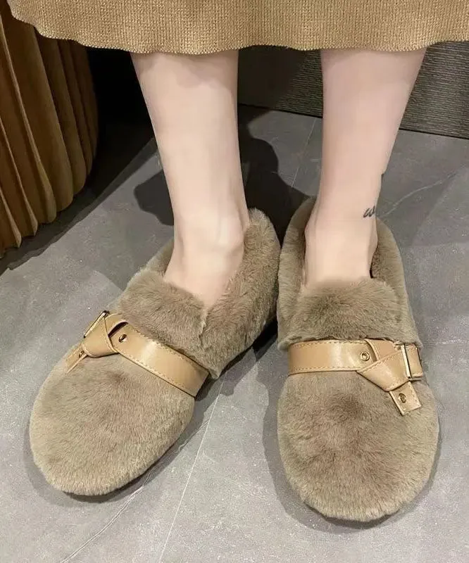 Khaki Fuzzy Fur Flat Shoes Soft Comfy Splicing Buckle Strap LY8324