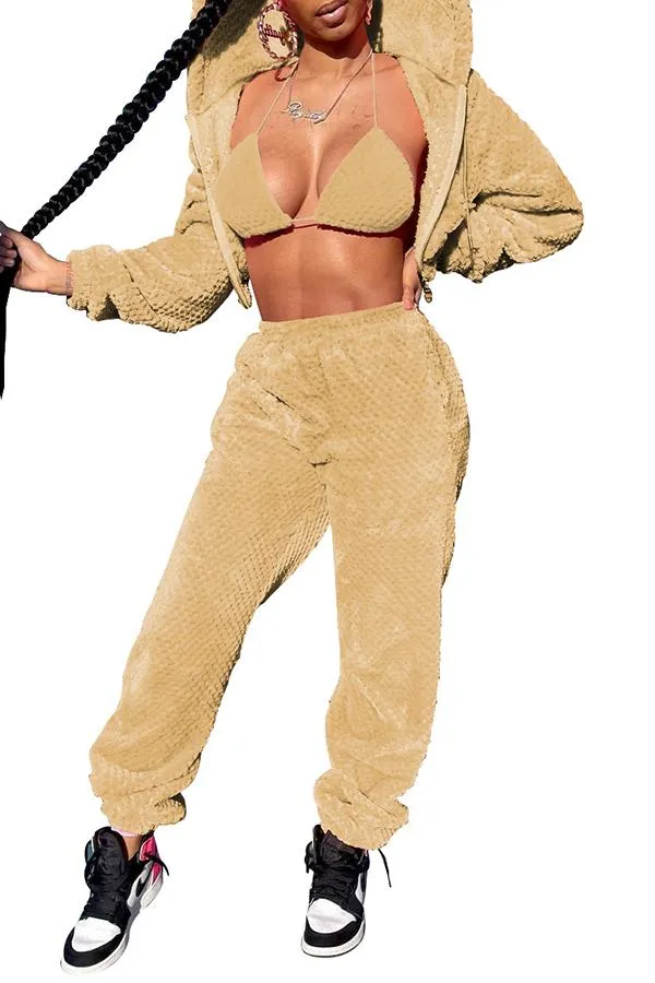 MB FASHION Cozy Plush Hoodie & High-Waisted Pants with Bikini Top Set 8264R