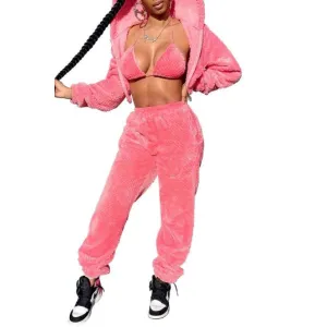 MB FASHION Cozy Plush Hoodie & High-Waisted Pants with Bikini Top Set 8264R