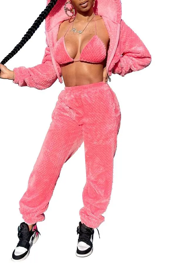 MB FASHION Cozy Plush Hoodie & High-Waisted Pants with Bikini Top Set 8264R