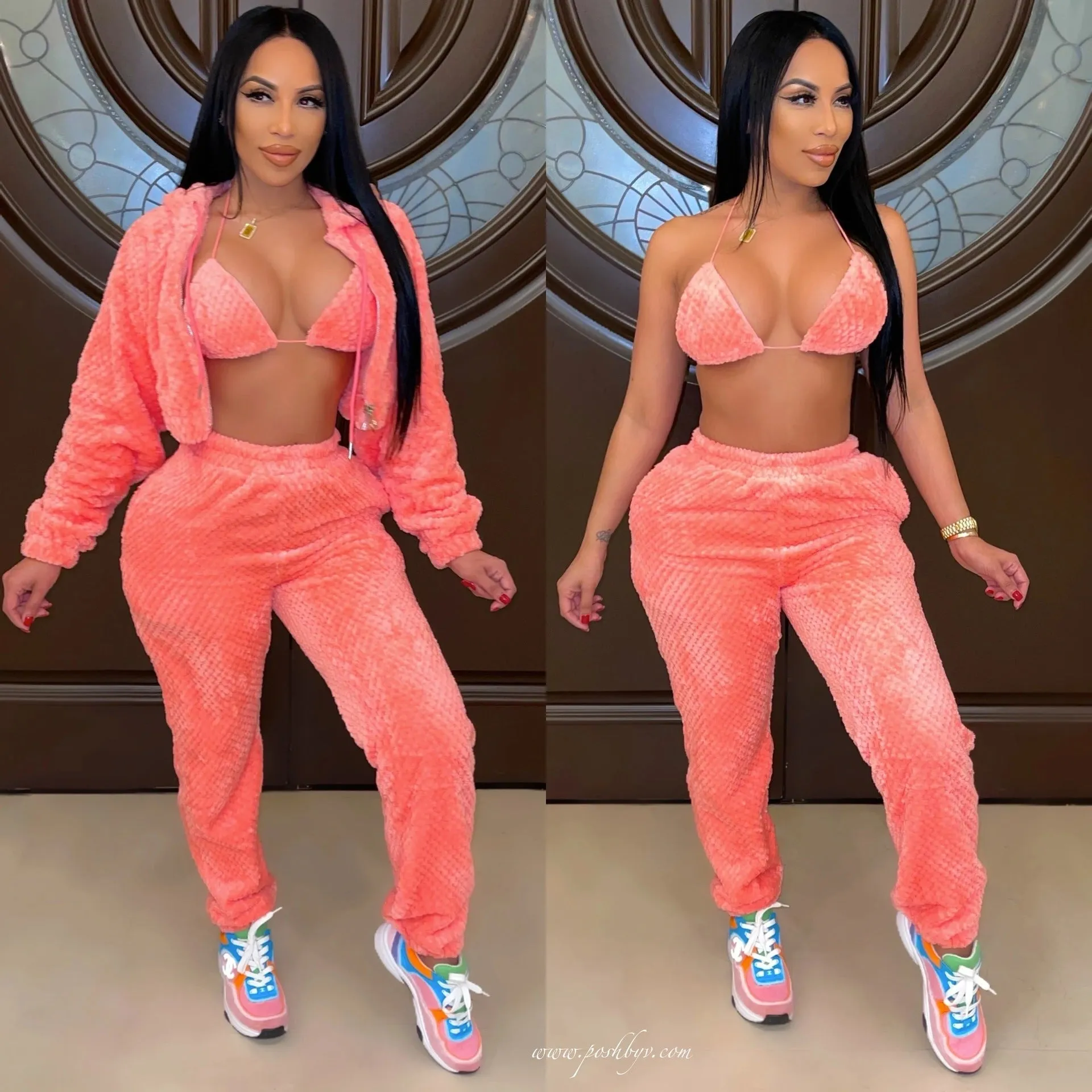 MB FASHION Cozy Plush Hoodie & High-Waisted Pants with Bikini Top Set 8264R