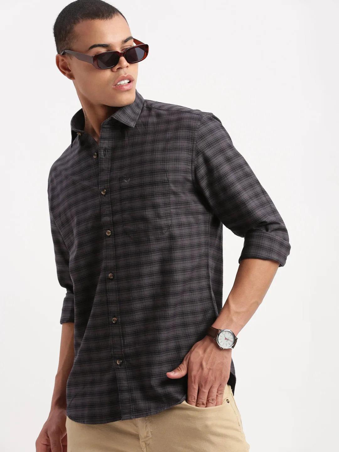 Men Gingham Checks Grey Shirt