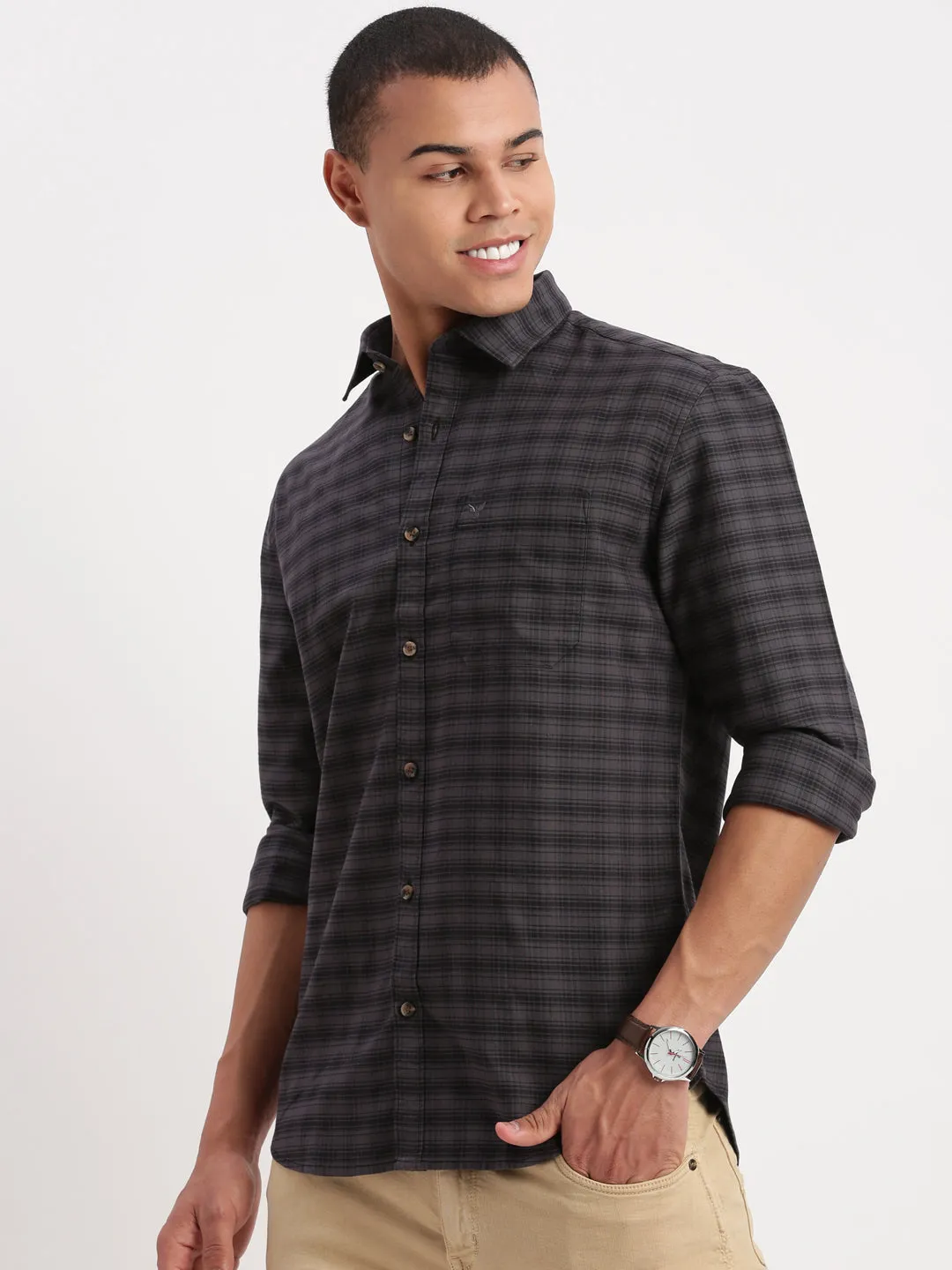 Men Gingham Checks Grey Shirt