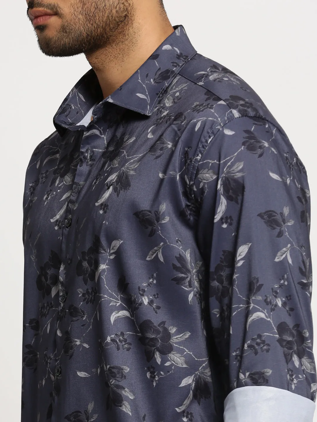 Men Grey Spread Collar Floral Shirt