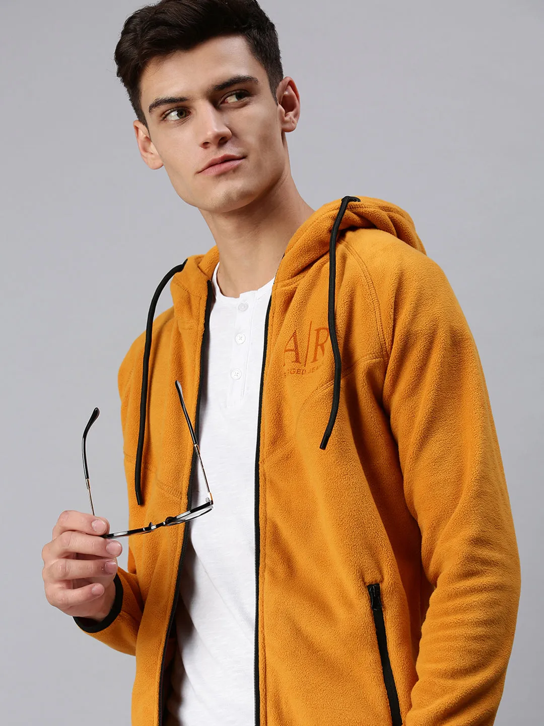 Men Hooded Solid Yellow Sweatshirt