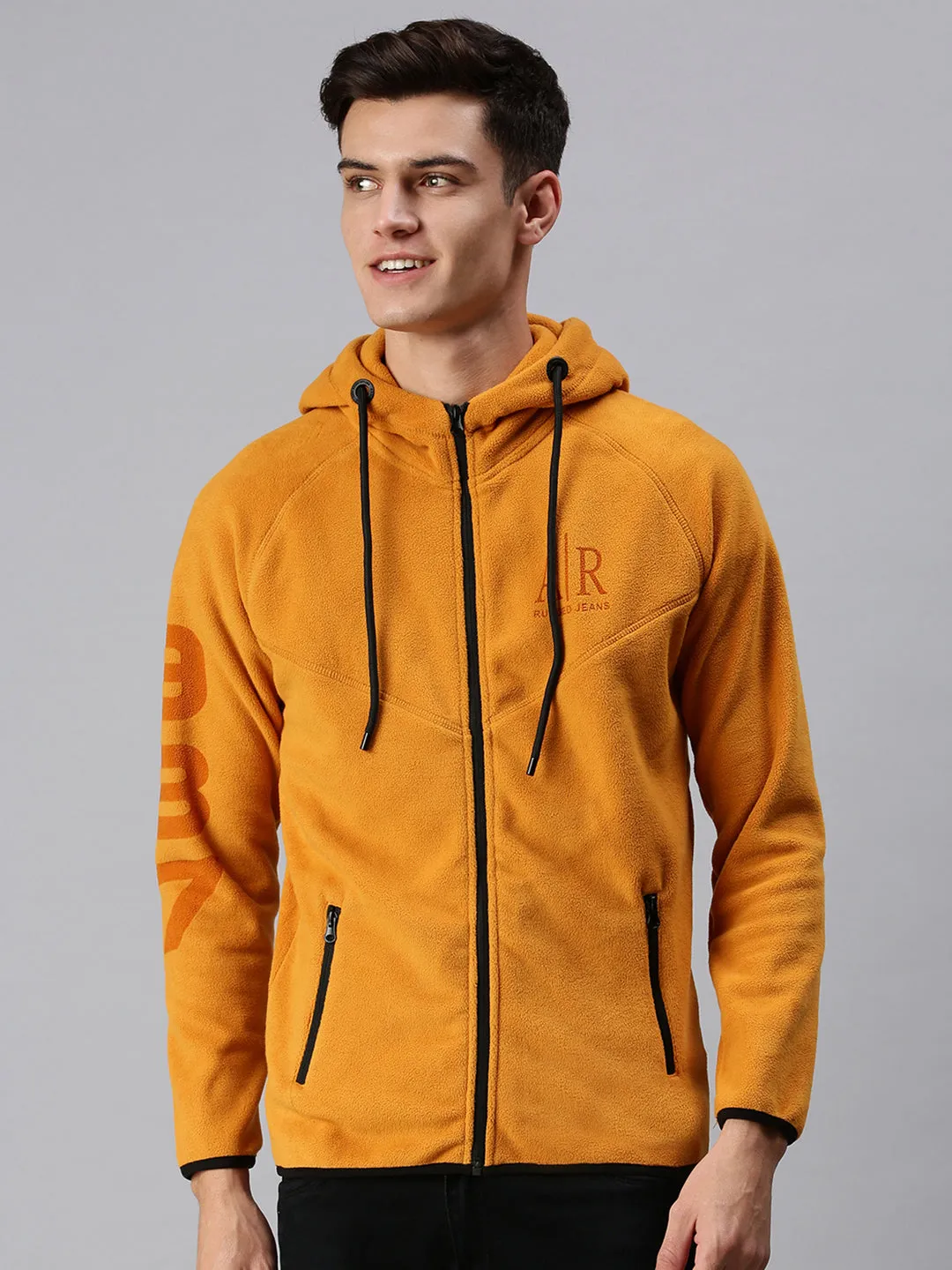 Men Hooded Solid Yellow Sweatshirt