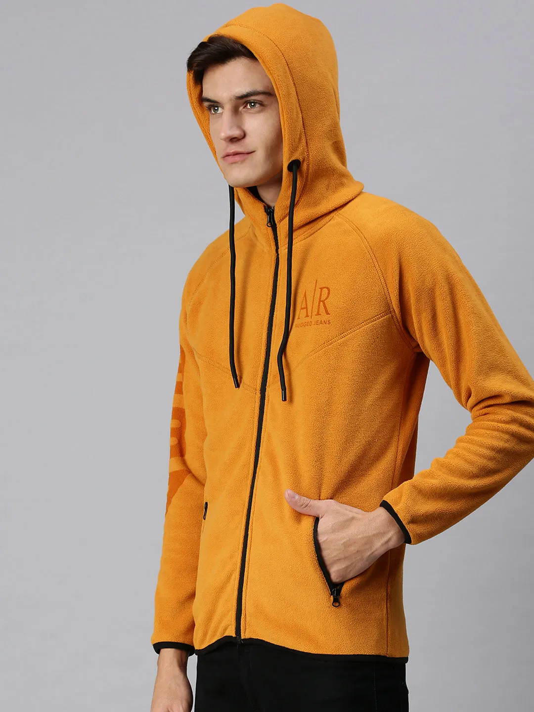 Men Hooded Solid Yellow Sweatshirt