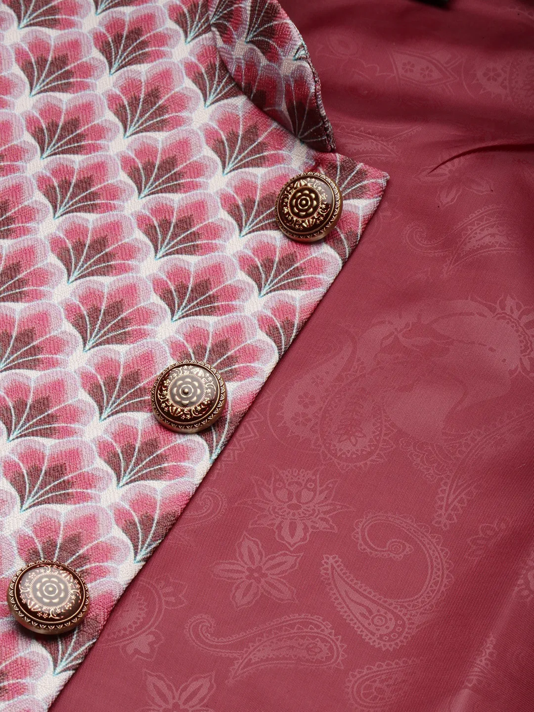 Men Mandarin Collar Printed Magenta Nehru Jacket