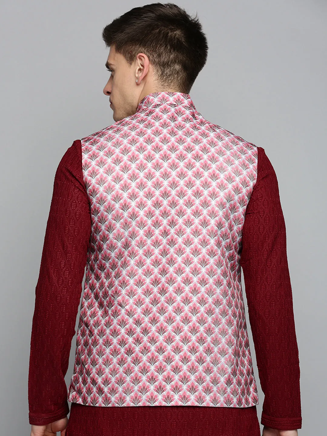 Men Mandarin Collar Printed Magenta Nehru Jacket