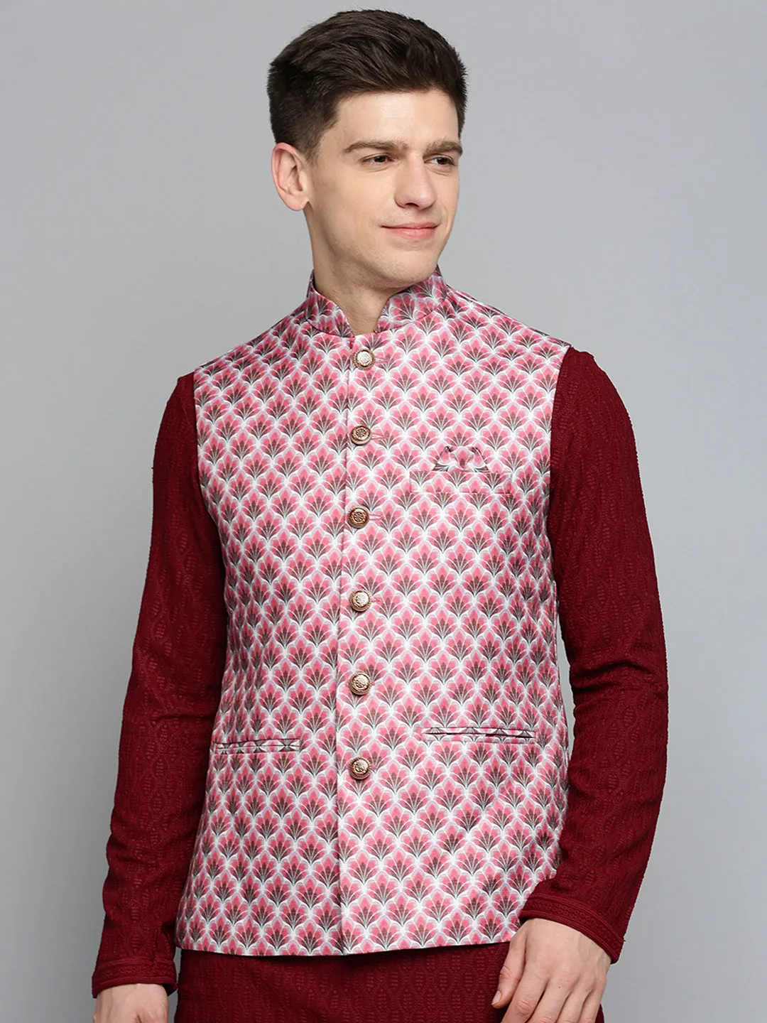 Men Mandarin Collar Printed Magenta Nehru Jacket