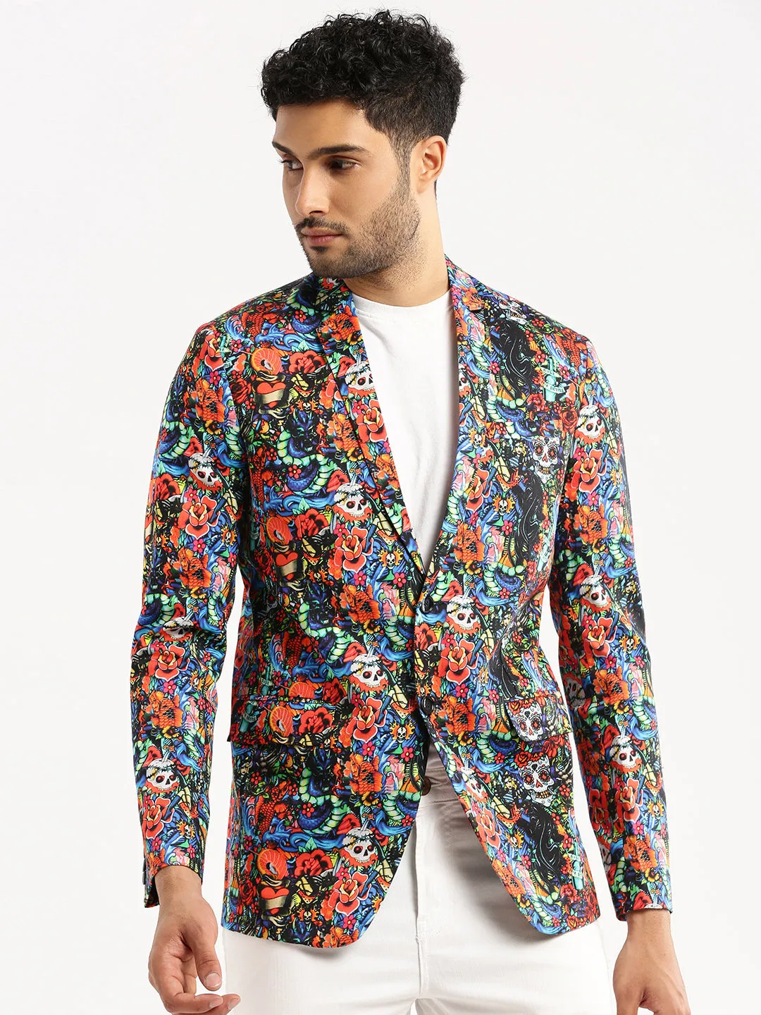 Men Multi Printed Notched Lapel Blazer