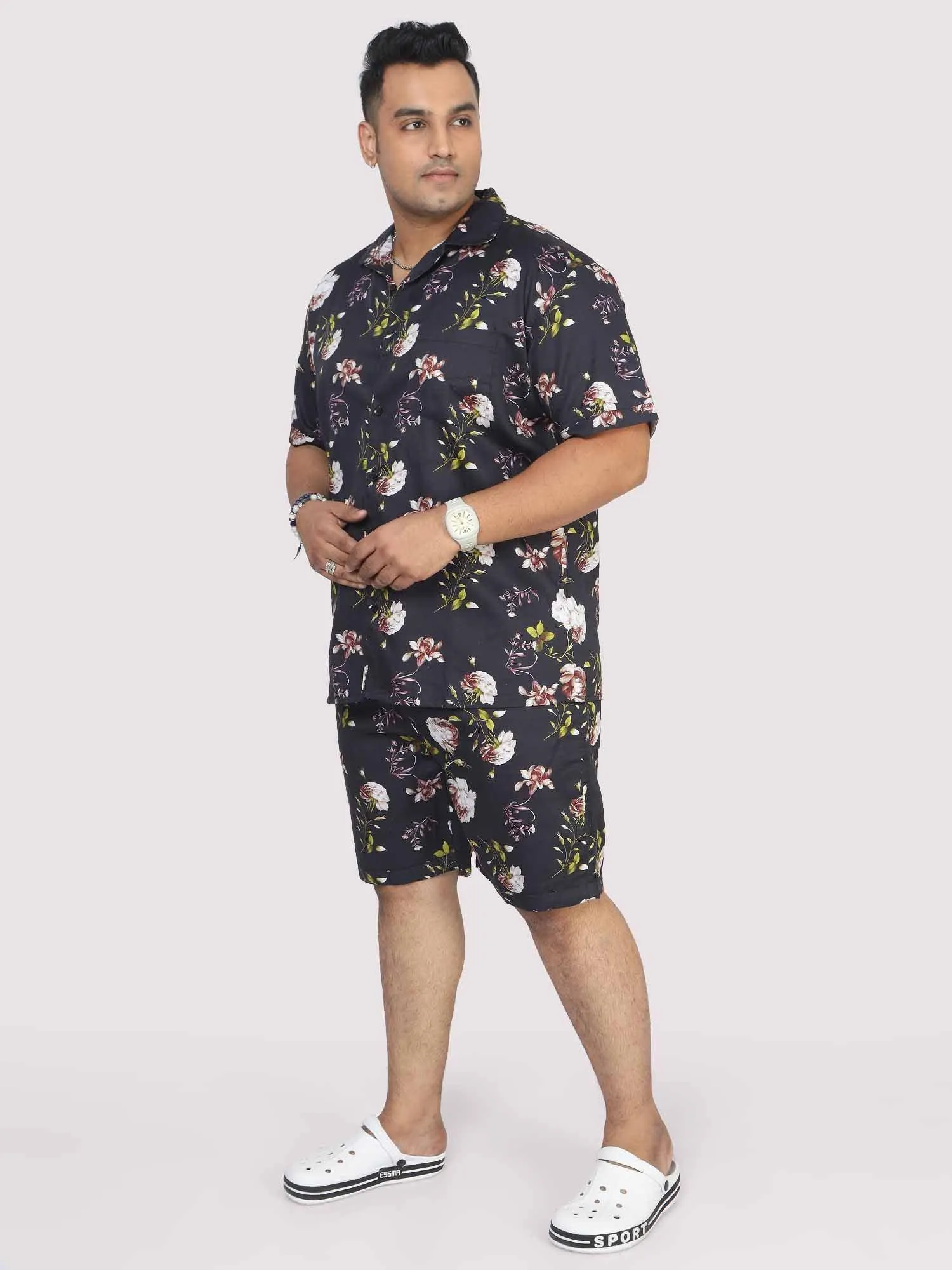 Men Plus Size Black Floral Printed Half Sleeve Co-Ords