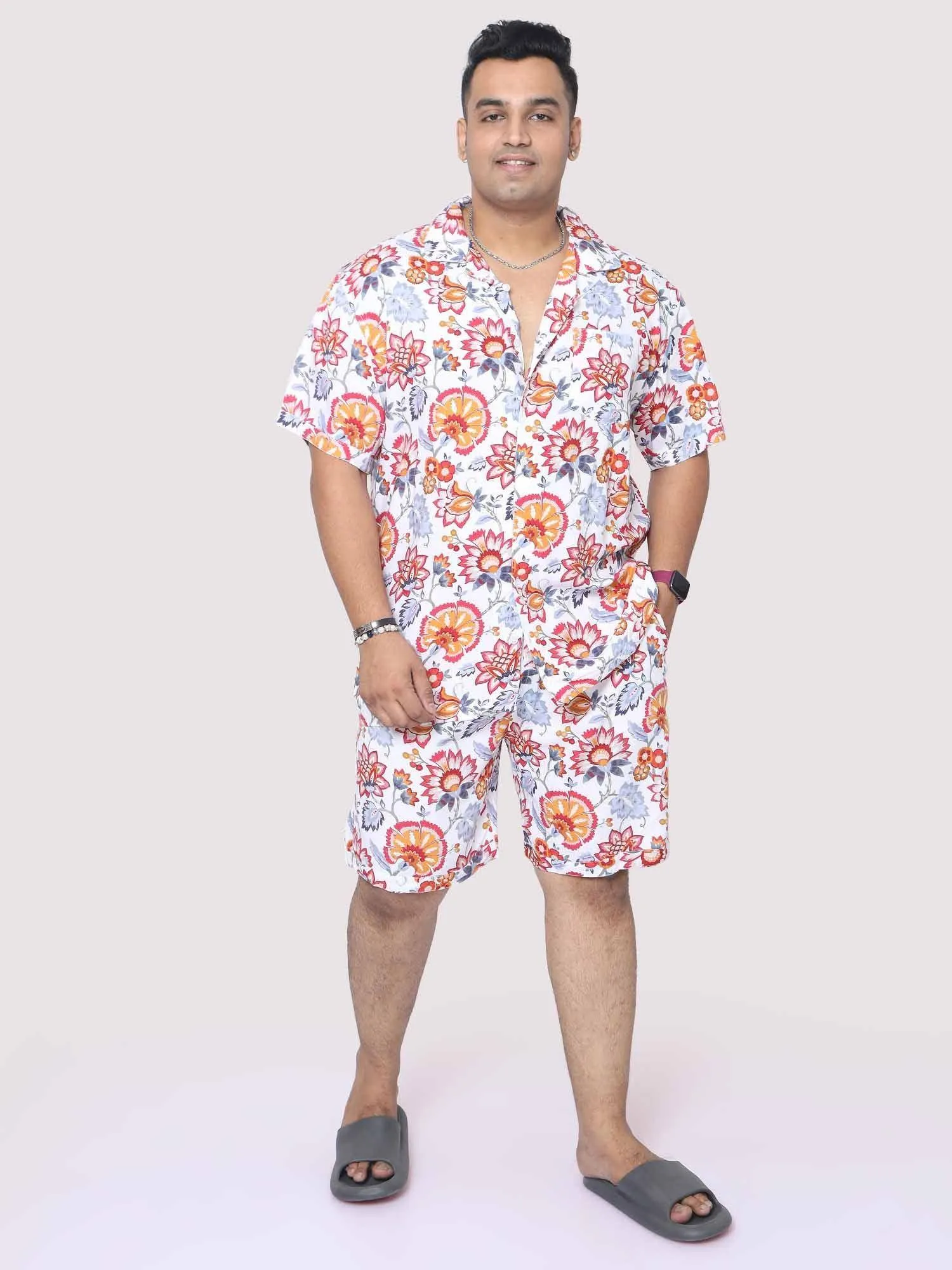 Men Plus Size Botanical Printed Half Sleeve Co-Ords