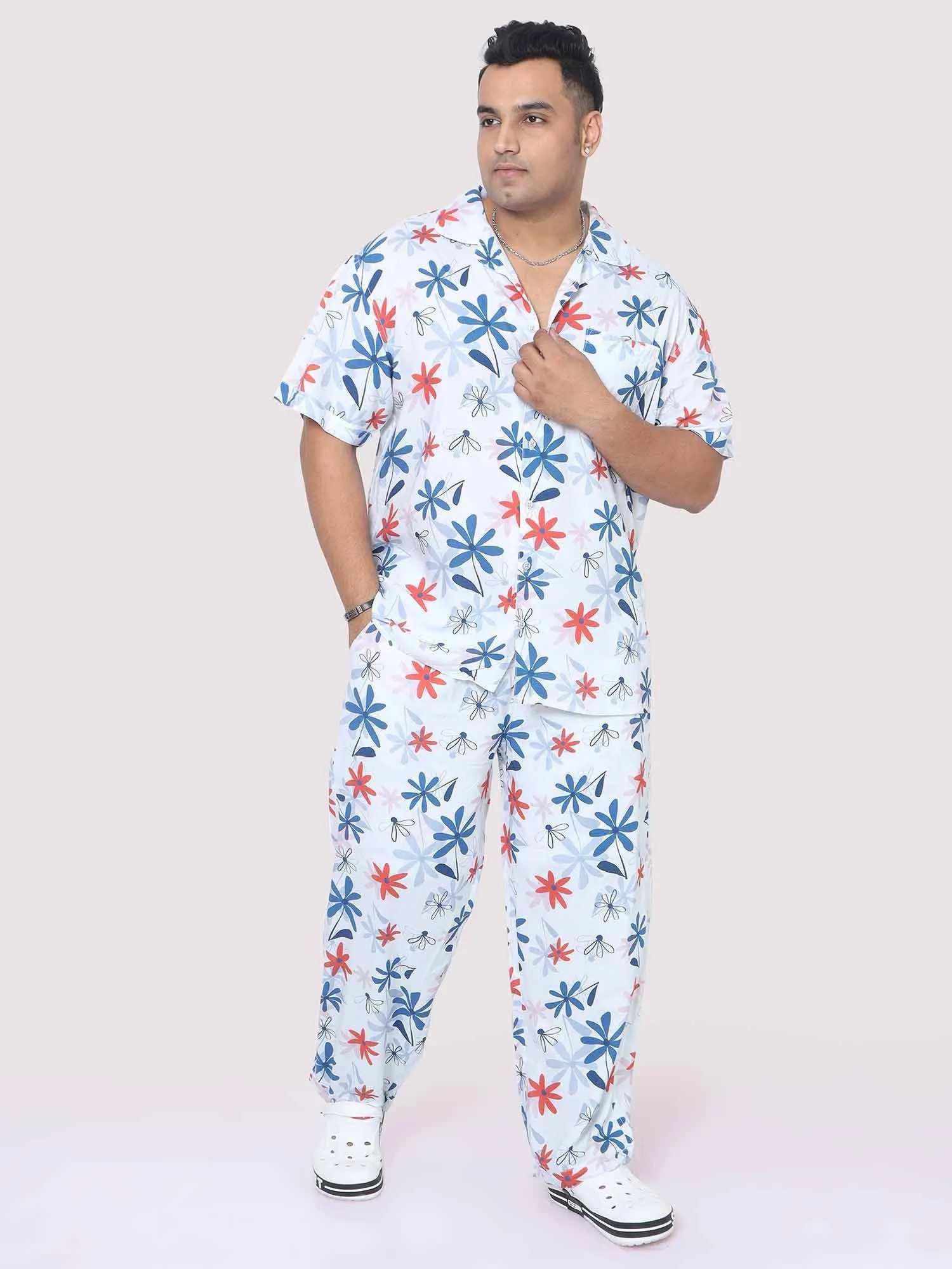 Men Plus Size Star Flowers Printed Full Sleeve Co-Ords