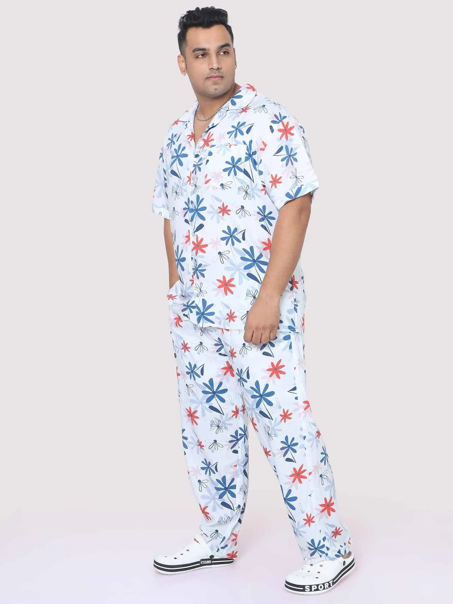 Men Plus Size Star Flowers Printed Full Sleeve Co-Ords